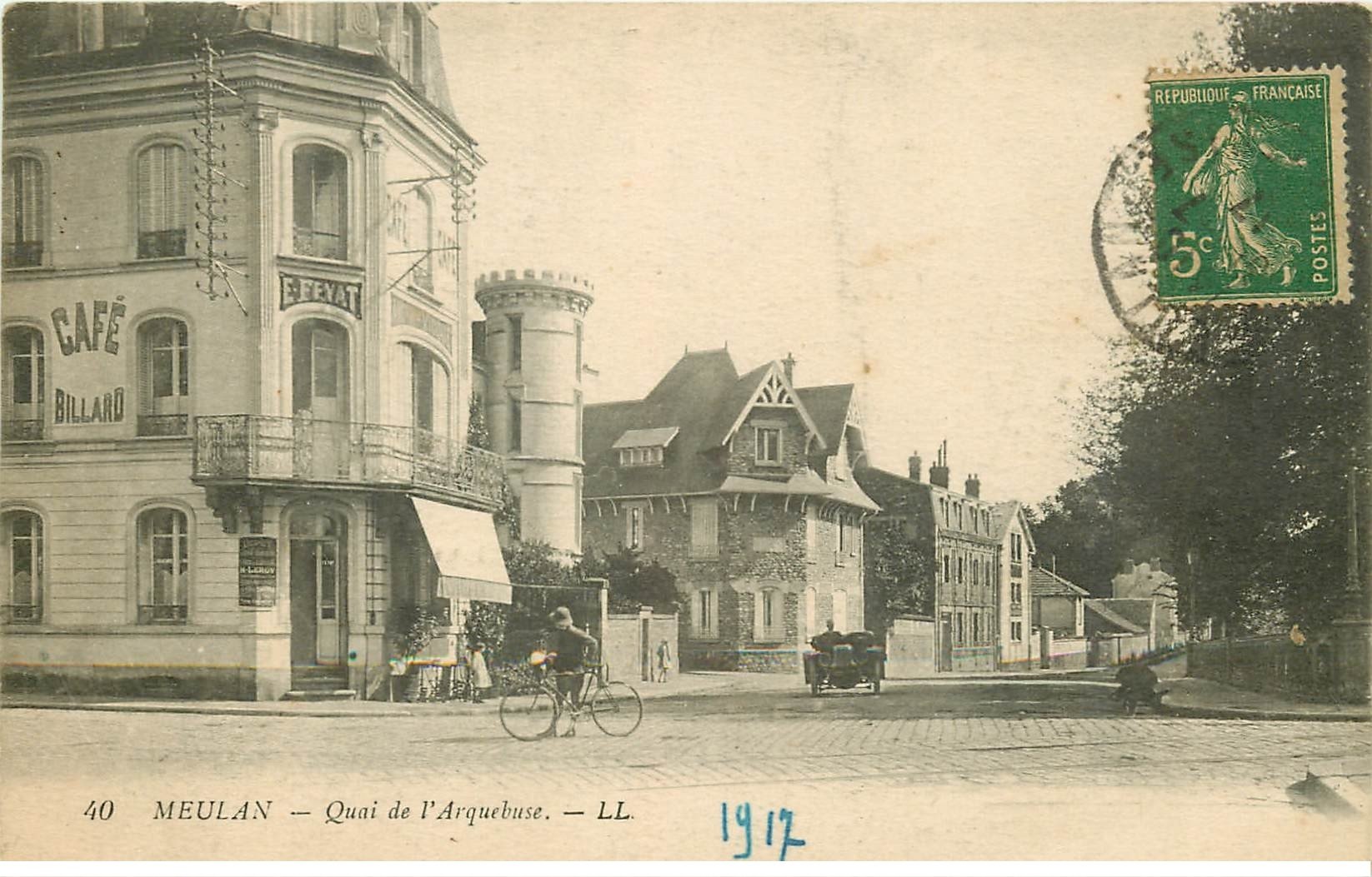 carte postale ancienne 78 MEULAN. Café Billard Quai de l'Arquebuse 1917