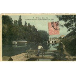 carte postale ancienne 78 POISSY. Embarcadère Quai du Boulevard de la Seine 1906. Carte émaillographie
