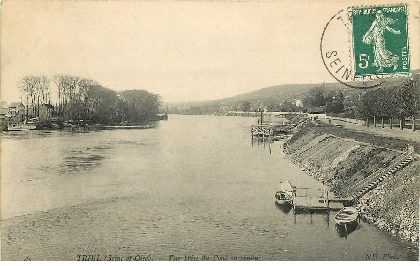 carte postale ancienne 78 TRIEL. Vue prise du Pont suspendu 1909