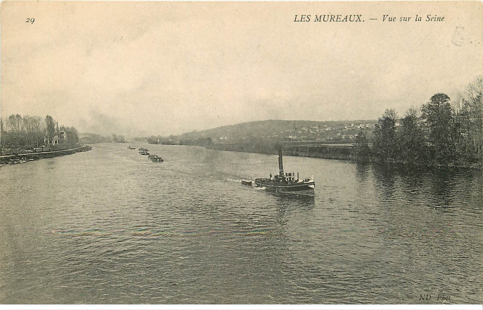 carte postale ancienne 78 LES MUREAUX. Remorqueur sur la Seine et train de Péniches