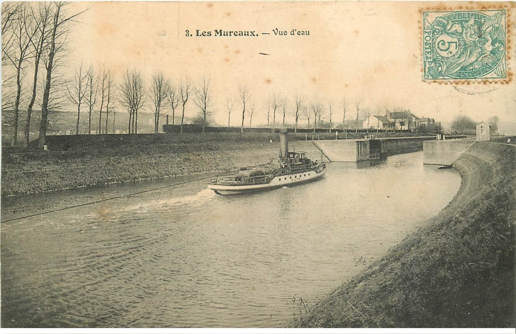carte postale ancienne 78 LES MUREAUX. Vue d'eau avec Remorqueur de Péniches 1906
