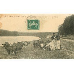 carte postale ancienne 78 SARTROUVILLE. Les Chèvres aux bords de Seine. Chevrier à la traite