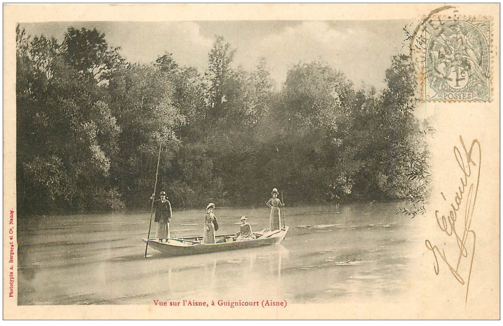 carte postale ancienne 02 GUIGNICOURT. 1903 Traversée de l'Aisne en barge