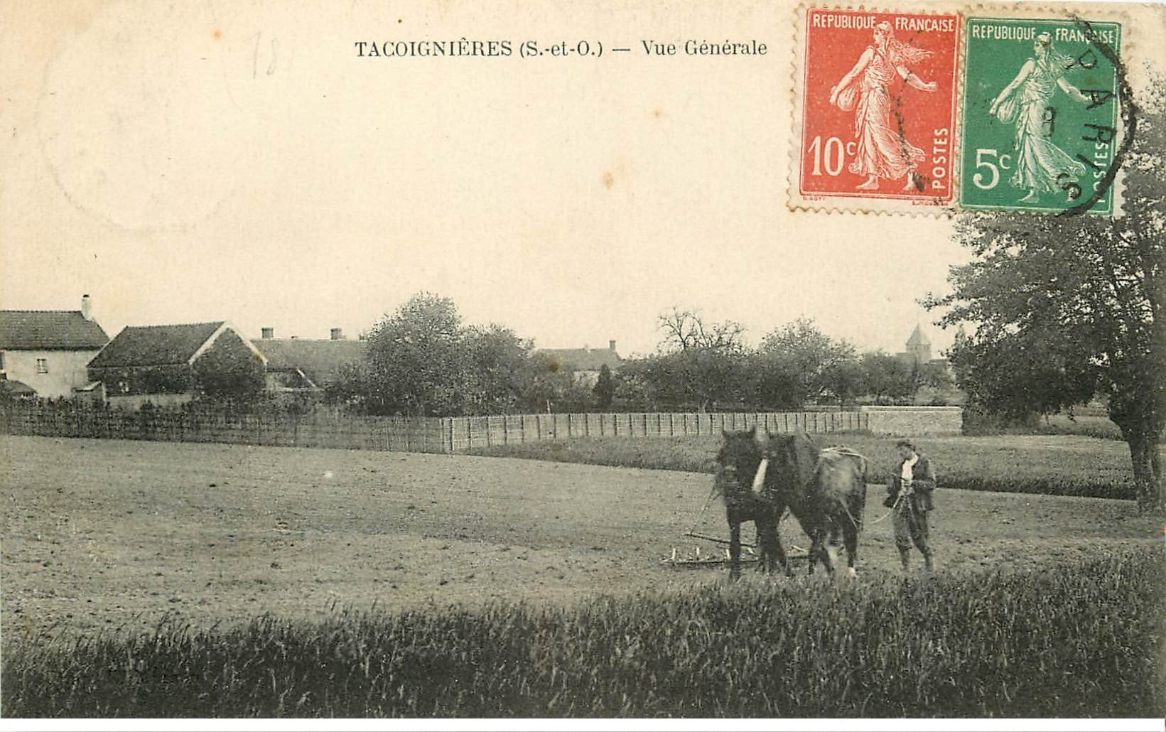 carte postale ancienne 78 TACOIGNIERES. Cultivateur et ses Chevaux de trait 1918