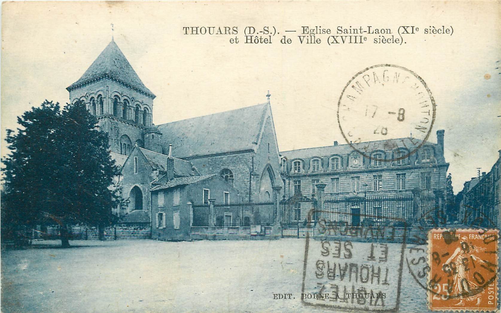 carte postale ancienne 79 THOUARS. Eglise Saint-Laon et Hôtel de Ville 1928