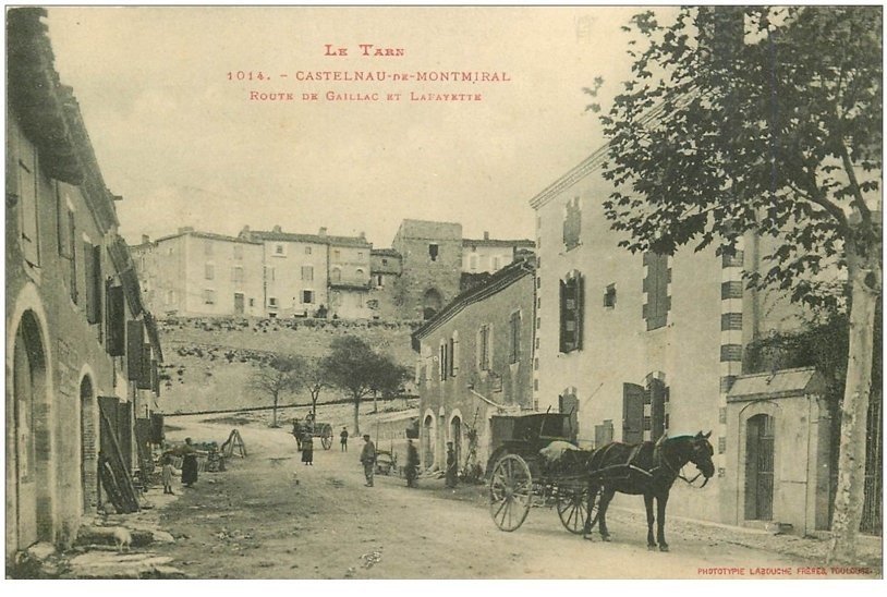 carte postale ancienne 81 CASTELNAU-DE-MONTMORAL. Attelage Route de Gaillac et Lafayette 1914 destinataire à Ajaccio
