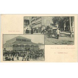 carte postale ancienne 81 CASTRES. Halle aux Grains et arrivée des Diligences Place du Mail vers 1900