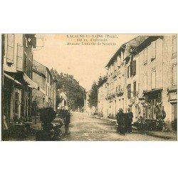 carte postale ancienne 81 LACAUNE-LES-BAINS. Sellerie Avenue Ludovic-de-Naurois et Café. Edition Nouvelles Galeries