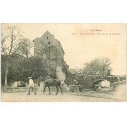 carte postale ancienne 81 PUYLAURENS. Lavandières sur le Lac et Cheval vers le Château 1905