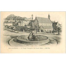carte postale ancienne 83 HYERES LES PALMIERS. Temple Protestant et Grands Hôtels vers 1900