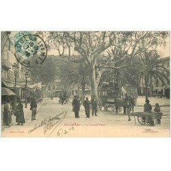 carte postale ancienne 83 OLLIOULES. Diligence sur la Grande Place 1906 avec Vendeur ambulant