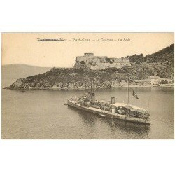 carte postale ancienne 83 PORT-CROS. Le Château et Navire dans la Rade