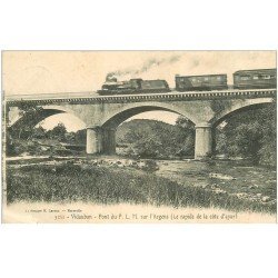 carte postale ancienne 83 VIDAUBAN. Pont du P.L.M sur l'Argens avec Train Le Rapide 1905