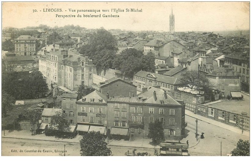 carte postale ancienne 87 LIMOGES. Boulevard Gambetta Epicerie et Tramway 1917