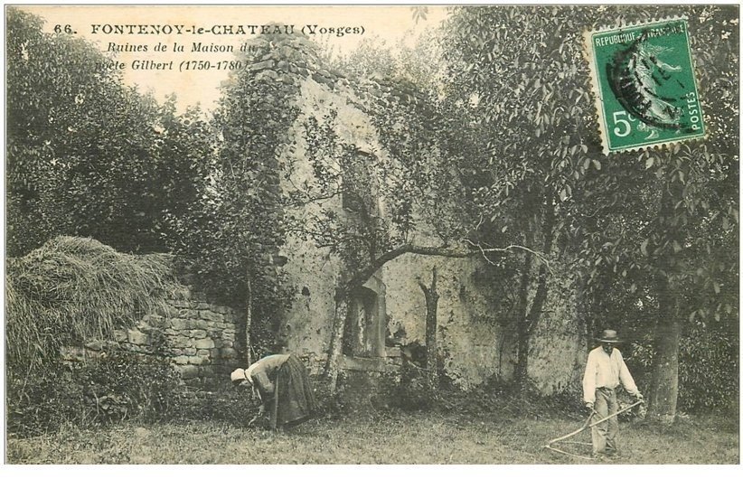 88 FONTENOY LE CHATEAU. Paysans jardinant aux Ruines de la Maison du Poète Gilbert vers 1910
