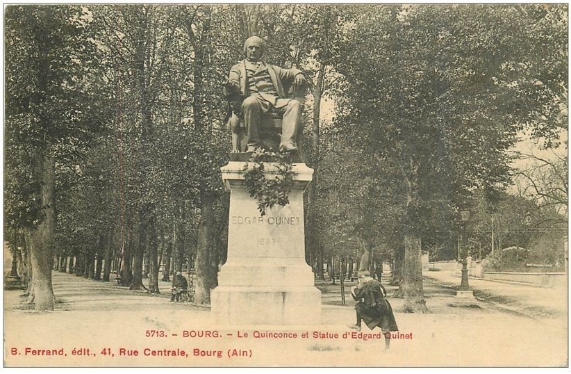 carte postale ancienne 01 BOURG. Quinconce et Statue E. Quinet 1913