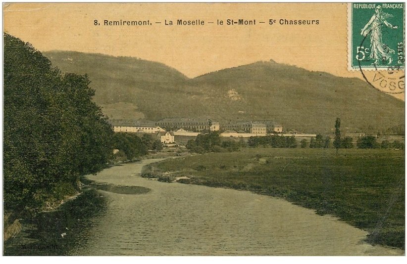 carte postale ancienne 88 REMIREMONT. Moselle Saint Mont et 5ème Chasseurs 1907. Carte toilée