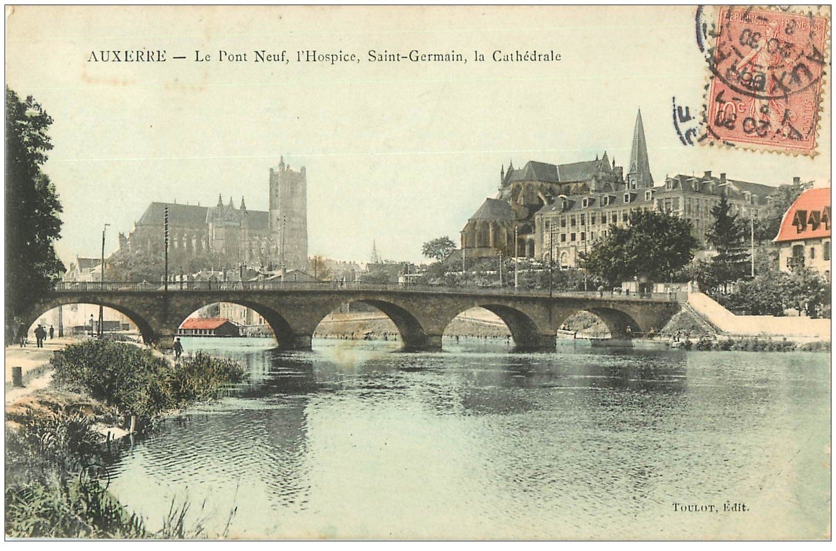carte postale ancienne 89 AUXERRE. Pont Neuf, Hospice Saint Germain et Cathédrale 1906