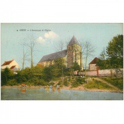 carte postale ancienne 89 CHENY. Armançon et Eglise avec Lavandières