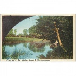 carte postale ancienne 89 FLOGNY LA CHAPELLE. Pêcheur à la ligne bord de l'Armançon 1945