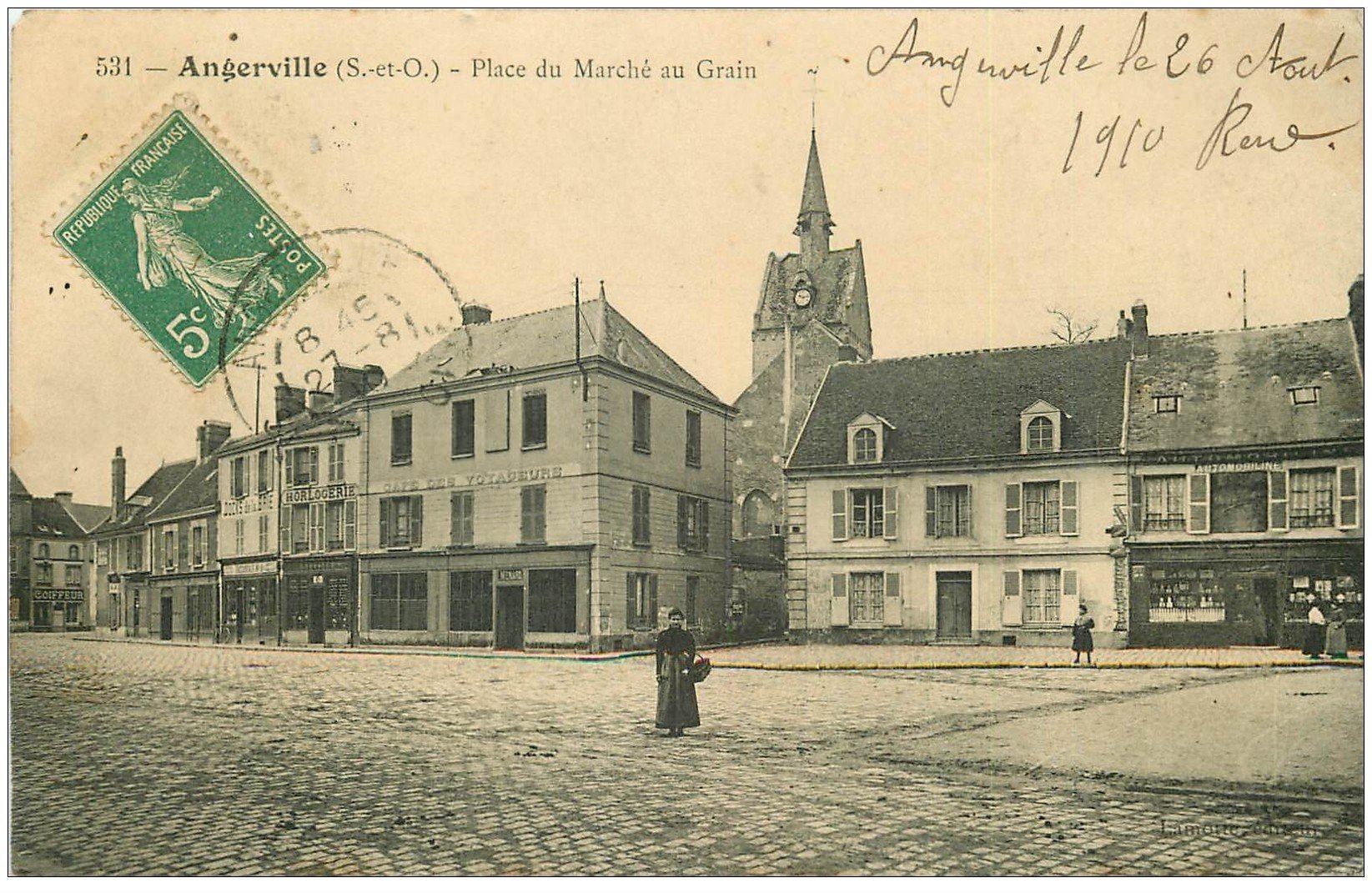91 ANGERVILLE. Place du Marché au Grain 1910 Café des Voyageurs et Automobiline
