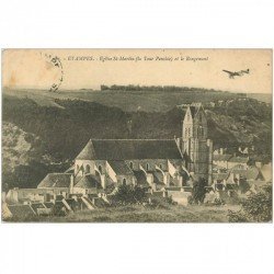 carte postale ancienne 91 ETAMPES. Eglise Saint Martin et le Rougement. Aéroplane 1912. Timbre absent