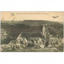 carte postale ancienne 91 ETAMPES. Eglise Saint Martin et le Rougement. Aéroplane 1912. Timbre absent