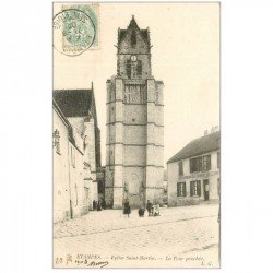 carte postale ancienne 91 ETAMPES. Eglise Saint Martin et Tour Penchée 1903. Café de la Place