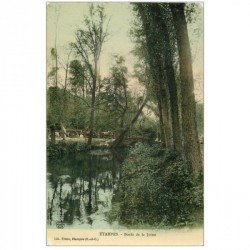 carte postale ancienne 91 ETAMPES. gros Attelage Bords de la Juine 1915. Carte émaillographie