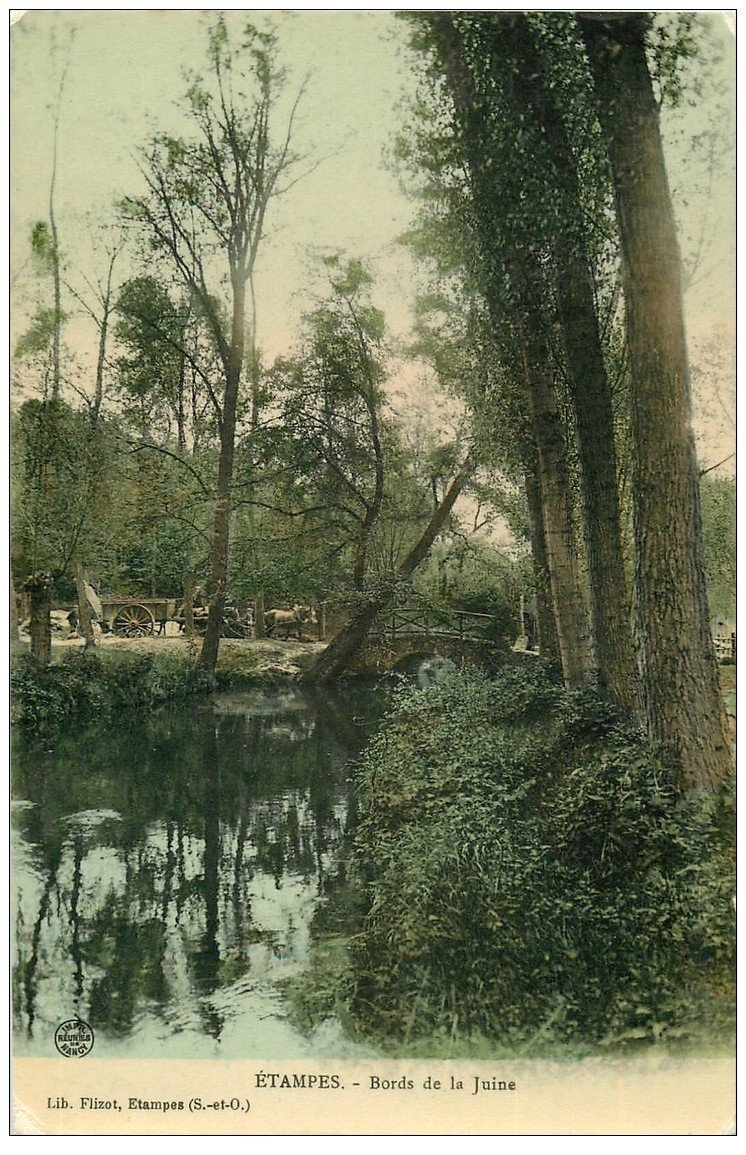 carte postale ancienne 91 ETAMPES. gros Attelage Bords de la Juine 1915. Carte émaillographie