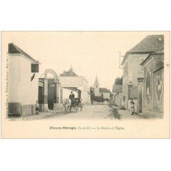carte postale ancienne 91 FLEURY MEROGIS. Mairie et Eglise avec Attelage devant le Tabac