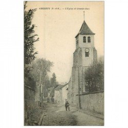 carte postale ancienne 91 GRIGNY. Grand Rue Eglise 1926 avec Cycliste