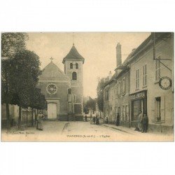 carte postale ancienne 91 MANDRES. L'Eglise et Cycles Motteau. Tampon du Génie 1915