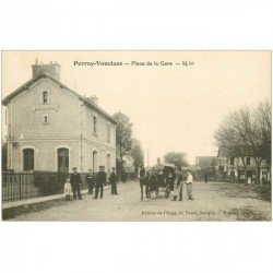 carte postale ancienne 91 PERRAY VAUCLUSE. Place de la Gare. Facteur, Attelage et Tabac Vins