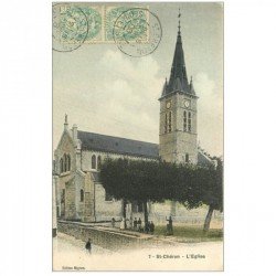 carte postale ancienne 91 SAINT CHERON. L'Eglise 1906 Femme étendant son linge...