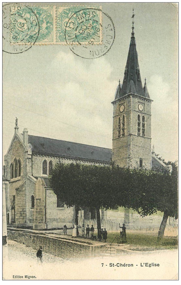 carte postale ancienne 91 SAINT CHERON. L'Eglise 1906 Femme étendant son linge...