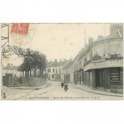 carte postale ancienne 91 SAINT CHERON. Place de l'Eglise et Grande Rue 1905 Epicerie La Cheronnaise