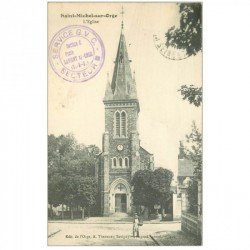 carte postale ancienne 91 SAINT MICHEL SUR ORGE. Eglise avec Livreur Commis Boucher 1916
