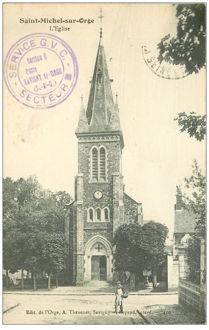carte postale ancienne 91 SAINT MICHEL SUR ORGE. Eglise avec Livreur Commis Boucher 1916