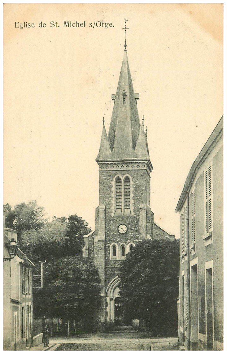 carte postale ancienne 91 SAINT MICHEL SUR ORGE. Eglise. Avis de passage Bachelet rue Aubriot à Paris IV