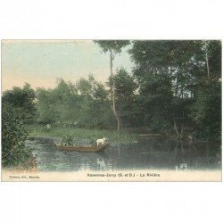 carte postale ancienne 91 VARENNES JARCY. Chasseurs sur barque à la Rivière avec Chien 1906