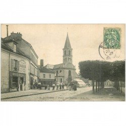 carte postale ancienne 93 BONDY. Place de l'Eglise 1907 Au Bon Marché et Boulangerie