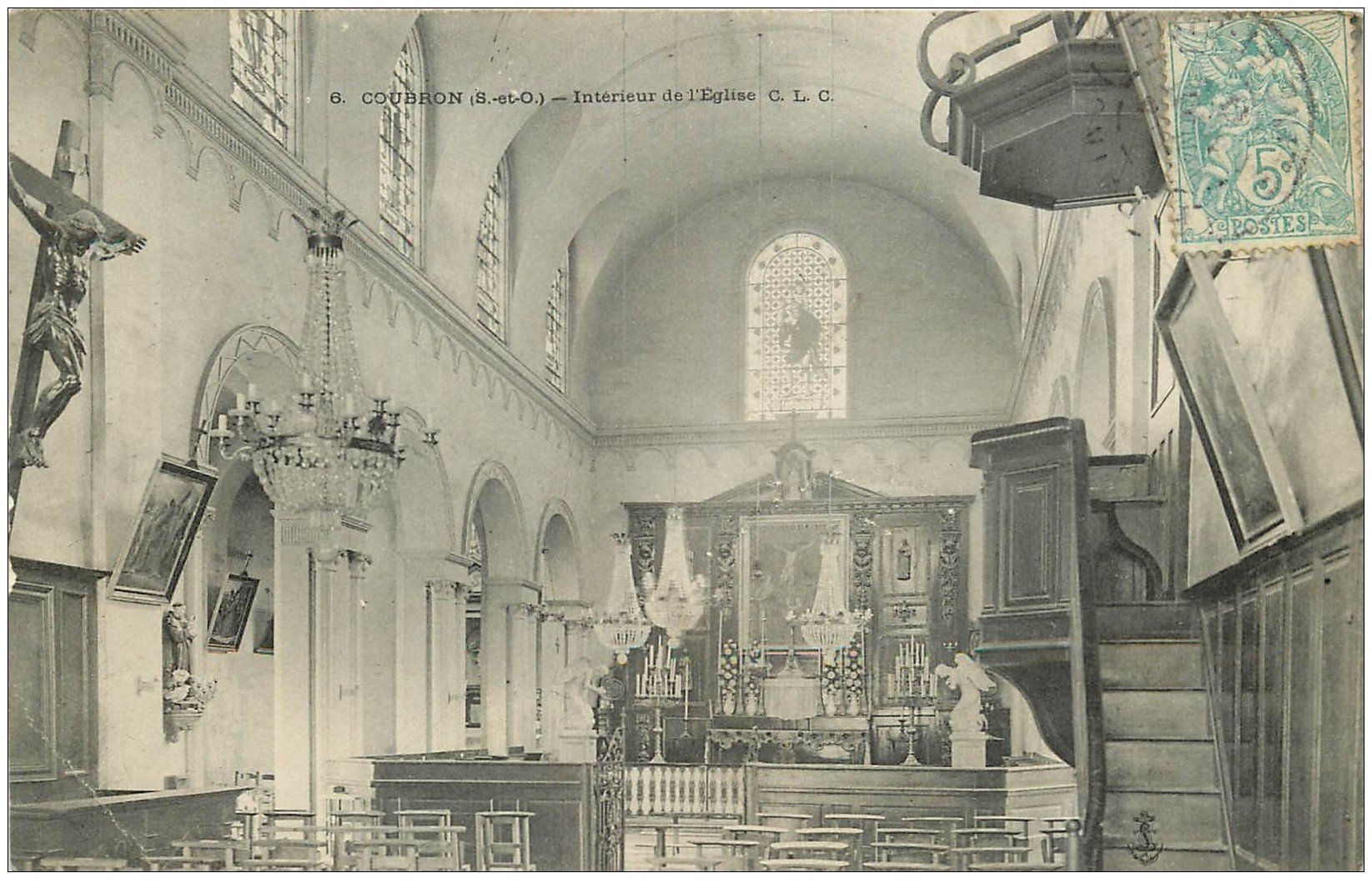 carte postale ancienne 93 COURBON. Intérieur de l'Eglise vers 1907. Entame pli coin gauche