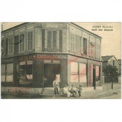 carte postale ancienne 93 GAGNY. Café des Acacias 1913. Réfraction en rouge d'une rature au verso...