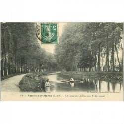 carte postale ancienne 93 NEUILLY SUR MARNE. Pêcheurs sur le Canal vers Ville Evrard 1909 et canoteurs
