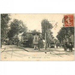 carte postale ancienne 93 NOISY LE SEC. La Vierge, Tramway et attelages 1914