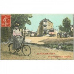 carte postale ancienne 93 ROMAINVILLE. Carte montage Cycliste avec Tramway et Hôtel Restaurant derrière 1908