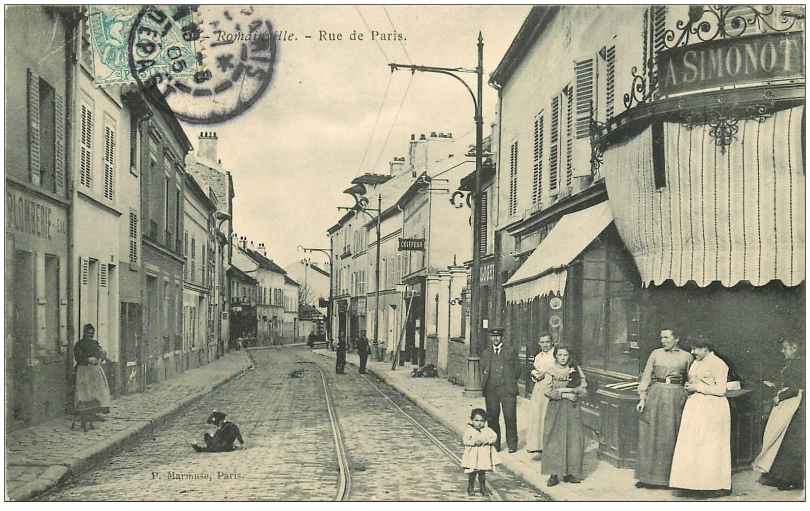 carte postale ancienne 93 ROMAINVILLE. Coiffeur et Commerce Simonot rue de Paris 1905