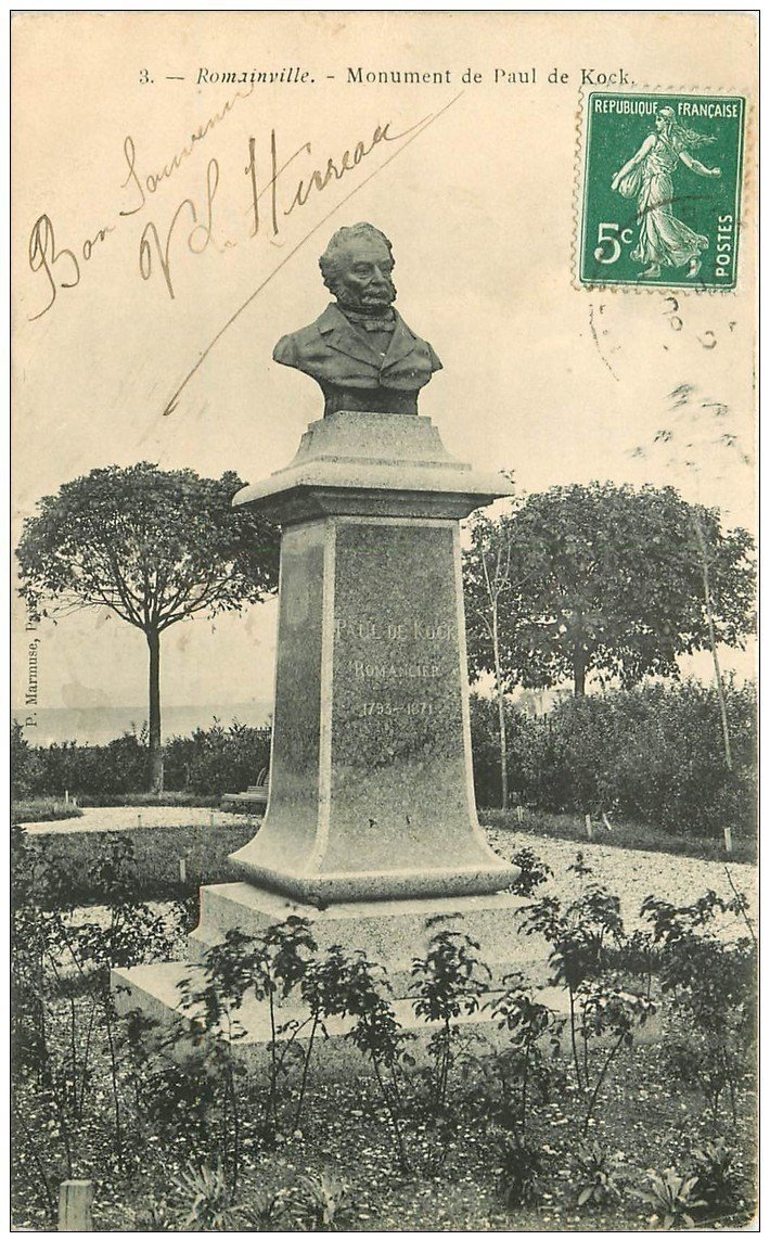 carte postale ancienne 93 ROMAINVILLE. Monument Paul de Kock. Pli coin gauche inférieur