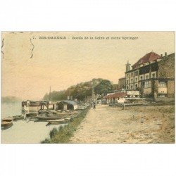 91 RIS ORANGIS. Usine Springer bords de la Seine 1916. Carte de luxe granulée Péniches devant le Rerstaurant